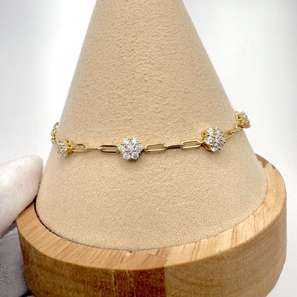 7” Gold Plated over .925 Sterling Silver Cz Flower Bracelet - Picture 3 of 16
